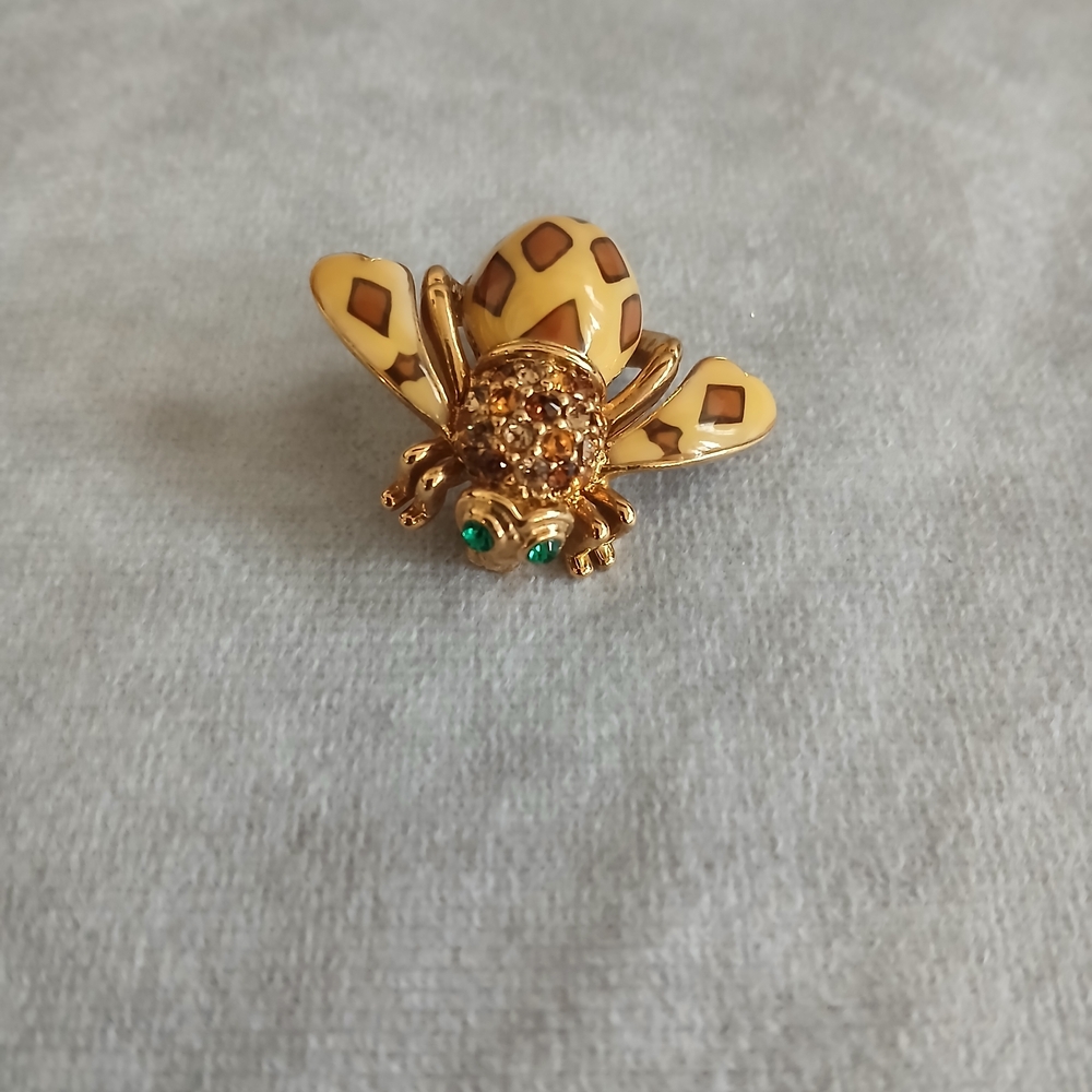 Joan Rivers Signed Beetle Brooch Vintage Insect Rhinestone Gold Tone Pin